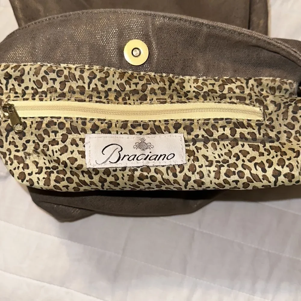 Braciano Metallic Canvas Tan Brown Leather Combo Hobo Shoulder Bag Purse